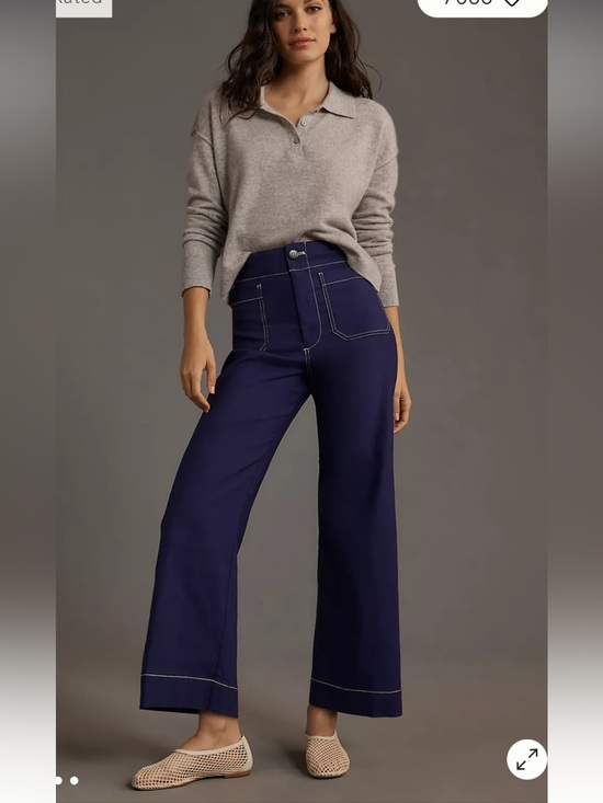 Maeve Denim - Maeve Wide Leg Flare “The Collette” Mid Rise Jeans in Navy contrast stitching